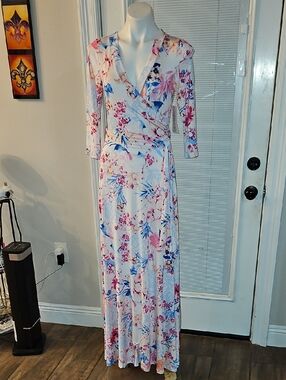 White Floral Wrap Maxi Dress with Pink & Blue Print